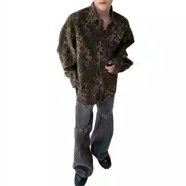 美式高街复古豹纹水洗宽松舒适单排扣夹克潮流百搭牛仔外套长袖衬衫 男女同款