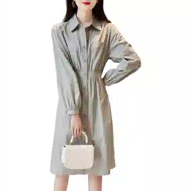 【dme】 优雅新款翻领简约基础宽松长袖连衣裙 水蓝