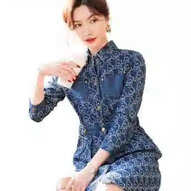 【dme】 元素图案满印单排扣长袖连衣裙 深牛仔蓝