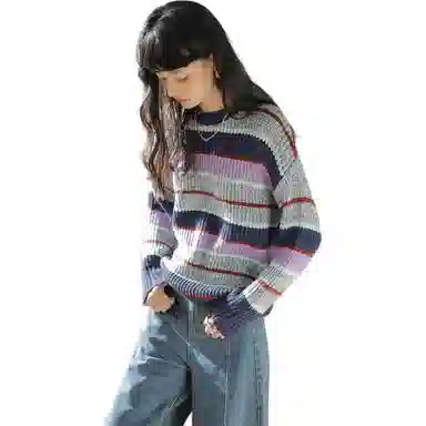 【dme】 时尚休闲宽松圆领长袖针织衫 女款 灰条纹色