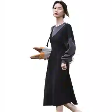 【dme】 圆领拼接假两件长袖连衣裙 女款 黑色