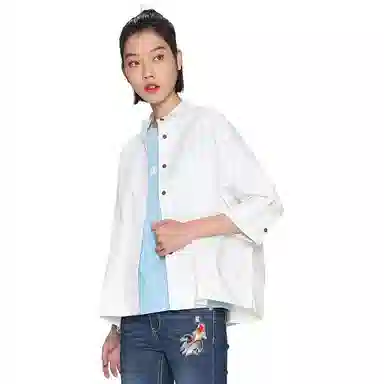 鬼洗 纯色纽扣七分宽松短袖衬衫 女款