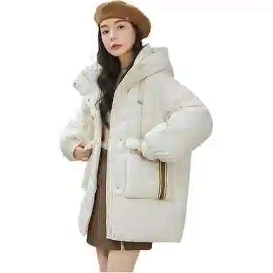 鸭鸭 纯色中长款韩版连帽面包服羽绒服 女款