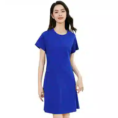 晚白  高腰圆领短袖连衣裙  女装  蓝色