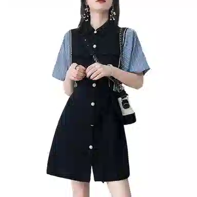 【dme】 法式条纹拼接撞色中长裙时尚减龄气质通勤短袖连衣裙 女款 藏青