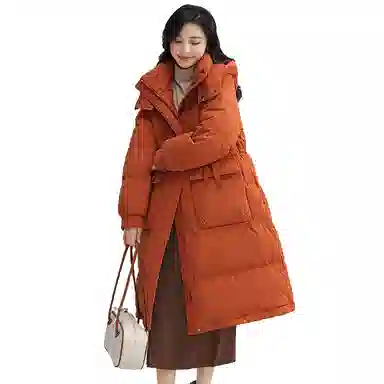 鸭鸭 纯色连帽加厚中长款通勤收腰韩系修身羽绒服 女款