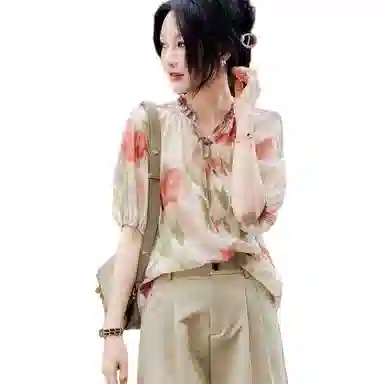 【dme】 圆领泡泡袖宽松飘逸雪纺印花短袖衬衫 女款 浅粉红