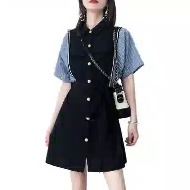 【dme】 法式条纹拼接撞色中长裙时尚减龄气质通勤短袖连衣裙 女款 藏青