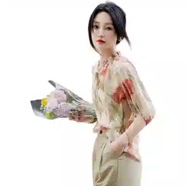 【dme】 圆领泡泡袖宽松飘逸雪纺印花短袖衬衫 女款 浅粉红