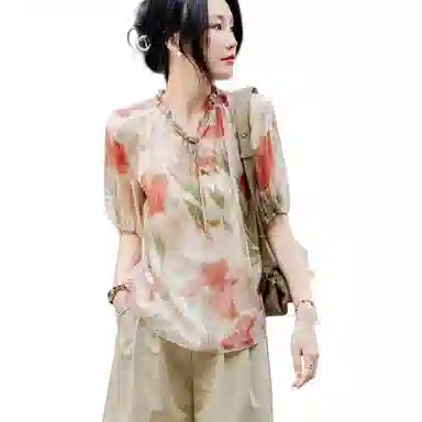 【dme】 圆领泡泡袖宽松飘逸雪纺印花短袖衬衫 女款 浅粉红