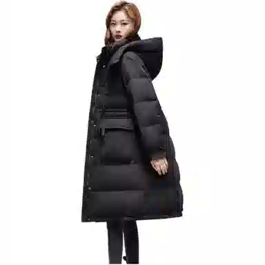 鸭鸭 纯色连帽加厚中长款通勤收腰韩系修身羽绒服 女款