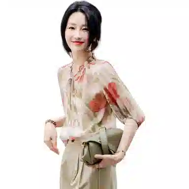 【dme】 圆领泡泡袖宽松飘逸雪纺印花短袖衬衫 女款 浅粉红