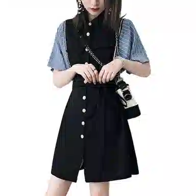 【dme】 法式条纹拼接撞色中长裙时尚减龄气质通勤短袖连衣裙 女款 藏青