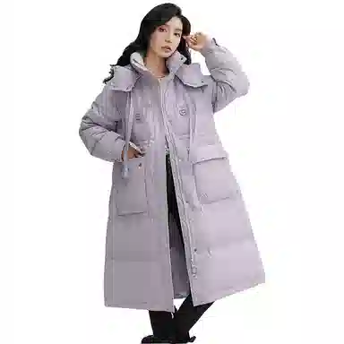 鸭鸭 纯色连帽加厚中长款通勤收腰韩系修身羽绒服 女款
