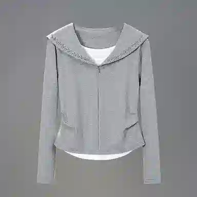 她池 海军领修身假两件长袖卫衣 女款 浅灰色