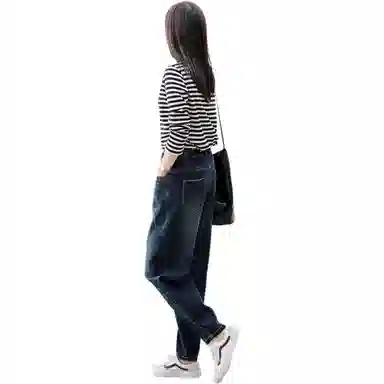 善己 简约高腰宽松牛仔裤 女款 深蓝色