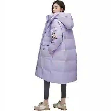 鸭鸭 字母刺绣中长款简约连帽拉链舒适长袖羽绒服 女款