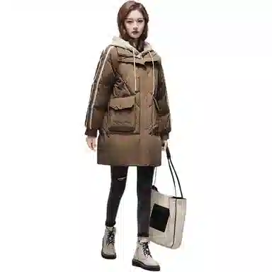 鸭鸭 中长款连帽宽松拉链长袖羽绒服 女款