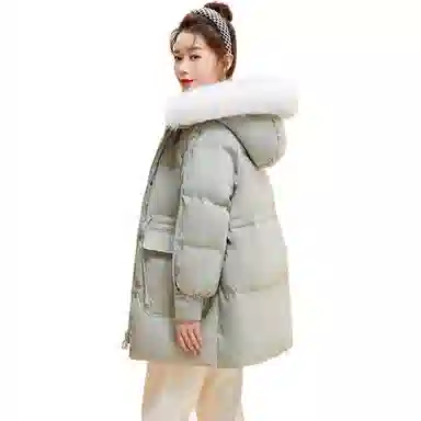 鸭鸭 纯色连帽毛领拉链中长款长袖羽绒服 女款