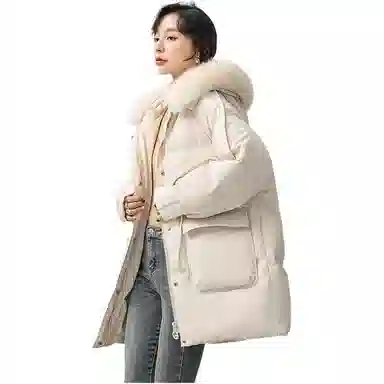 鸭鸭 纯色连帽毛领拉链中长款长袖羽绒服 女款