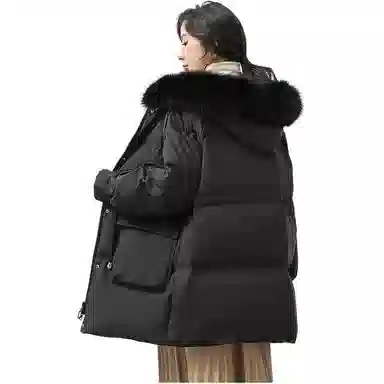 鸭鸭 纯色连帽毛领拉链中长款长袖羽绒服 女款