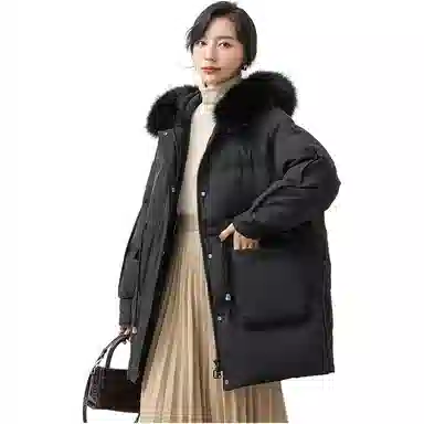 鸭鸭 纯色连帽毛领拉链中长款长袖羽绒服 女款