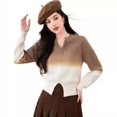 拉夏贝尔 渐变显瘦气质百搭针织衫 女款 卡其色