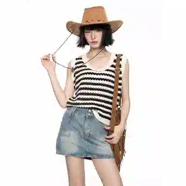 柏黛妃 拼色条纹镂空套头圆领背心 女款 黑色