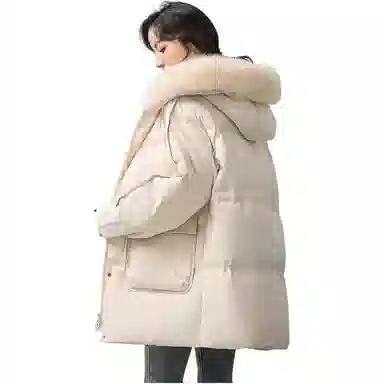 鸭鸭 纯色连帽毛领拉链中长款长袖羽绒服 女款