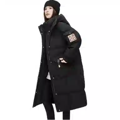 鸭鸭 字母刺绣中长款简约连帽拉链舒适长袖羽绒服 女款