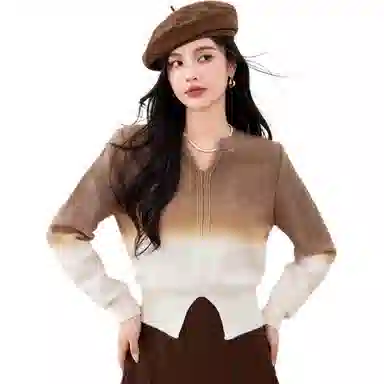 拉夏贝尔 渐变显瘦气质百搭针织衫 女款 卡其色