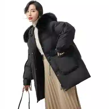 鸭鸭 纯色连帽毛领拉链中长款长袖羽绒服 女款