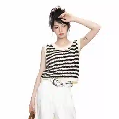 柏黛妃 拼色条纹镂空套头圆领背心 女款 黑色