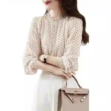 【dme】 薄款立领波点长袖衬衫 女款 杏色
