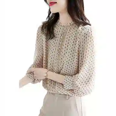 【dme】 薄款立领波点长袖衬衫 女款 杏色