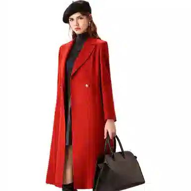 粉红玛琍 纯色中长款西装领长袖大衣 女款