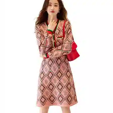 【dme】 设计感气质收腰小香风高端精致针织裙长袖连衣裙 桃红