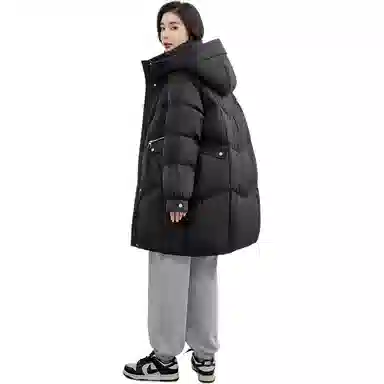 鸭鸭 简约纯色连帽拉链中长款长袖羽绒服 女款
