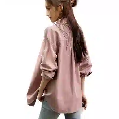 【dme】 休闲纯色翻领长袖衬衫 女款 灰粉