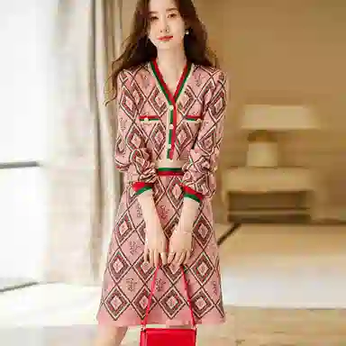 【dme】 设计感气质收腰小香风高端精致针织裙长袖连衣裙 桃红