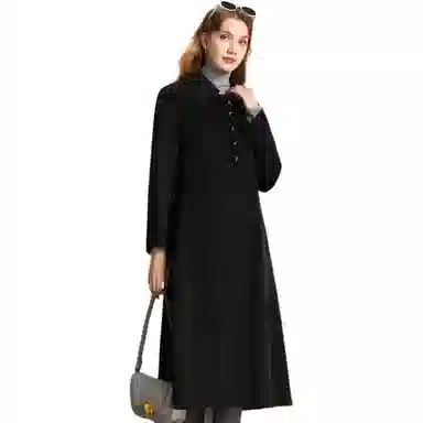 粉红玛琍 翻领中长款通勤大衣 女款 黑色