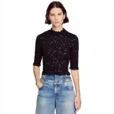 Sandro Lace Collar Waist T-Shirt Black