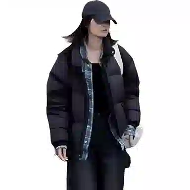 羽物 纯色短款立领保暖插肩宽松羽绒服 女款 黑色