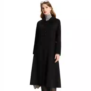 粉红玛琍 翻领中长款通勤大衣 女款 黑色