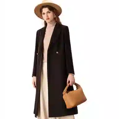 粉红玛琍 纯色中长款西装领长袖大衣 女款