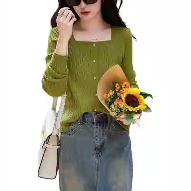 【dme】 纯色方领单排扣长袖针织衫 女款