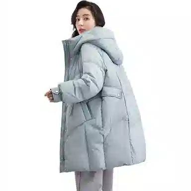 鸭鸭 简约纯色连帽拉链中长款长袖羽绒服 女款