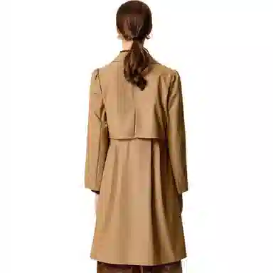 粉红玛琍 纯色中长款西装领长袖风衣 女款