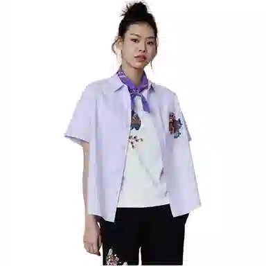 鬼洗 翻领金鱼印绣花纽扣短袖衬衫 女款