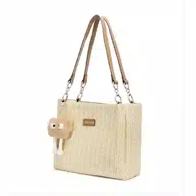 红蜻蜓 高颜值小众时尚 织物拼合成革 单肩包托特包 女款 奶杏色